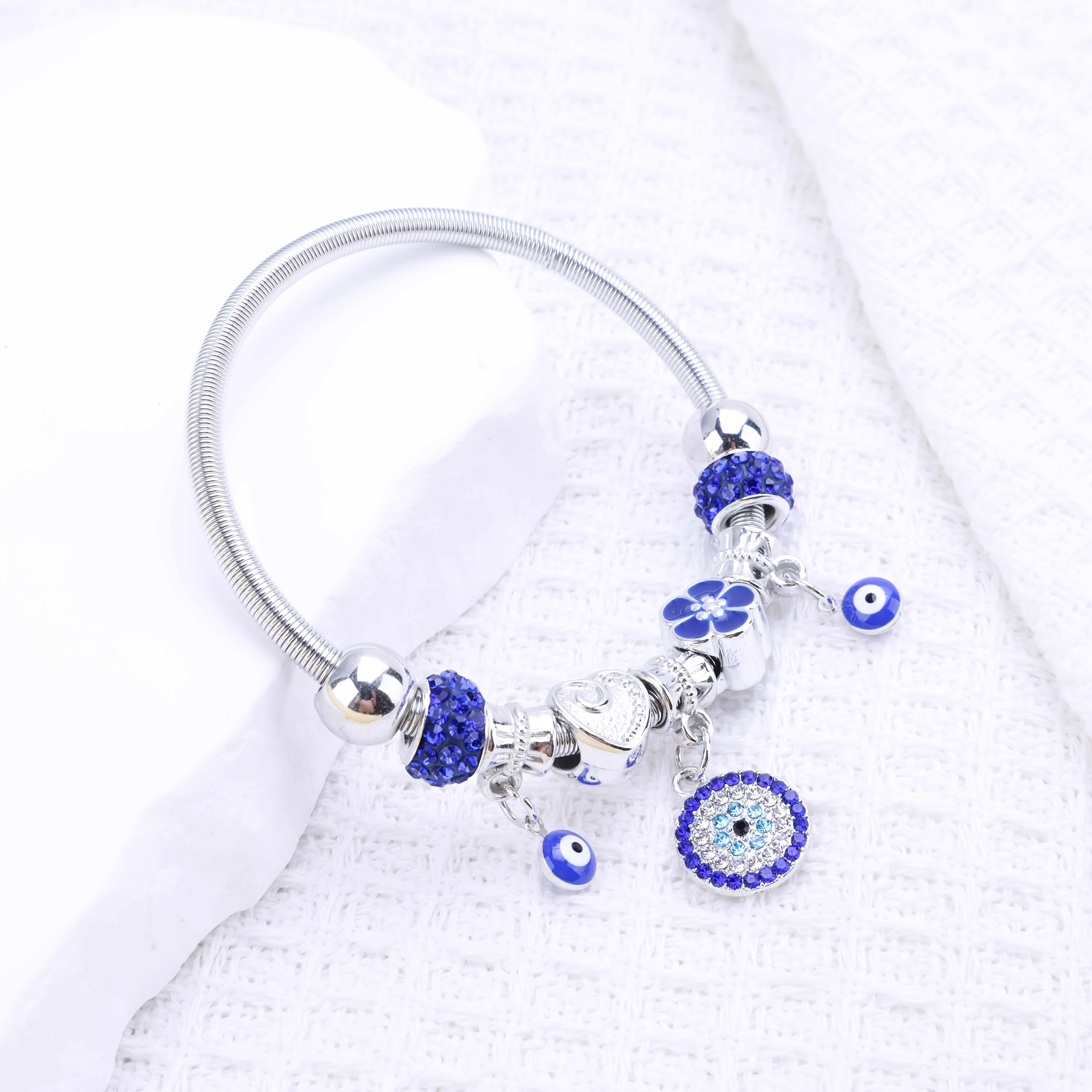 TEMU 1pc Of Stylish Bohemian-style Bracelet For Women Featuring A Blue Eye Pendant, With Rhinestones And Blue Flower Accents, Including Clay Beads,