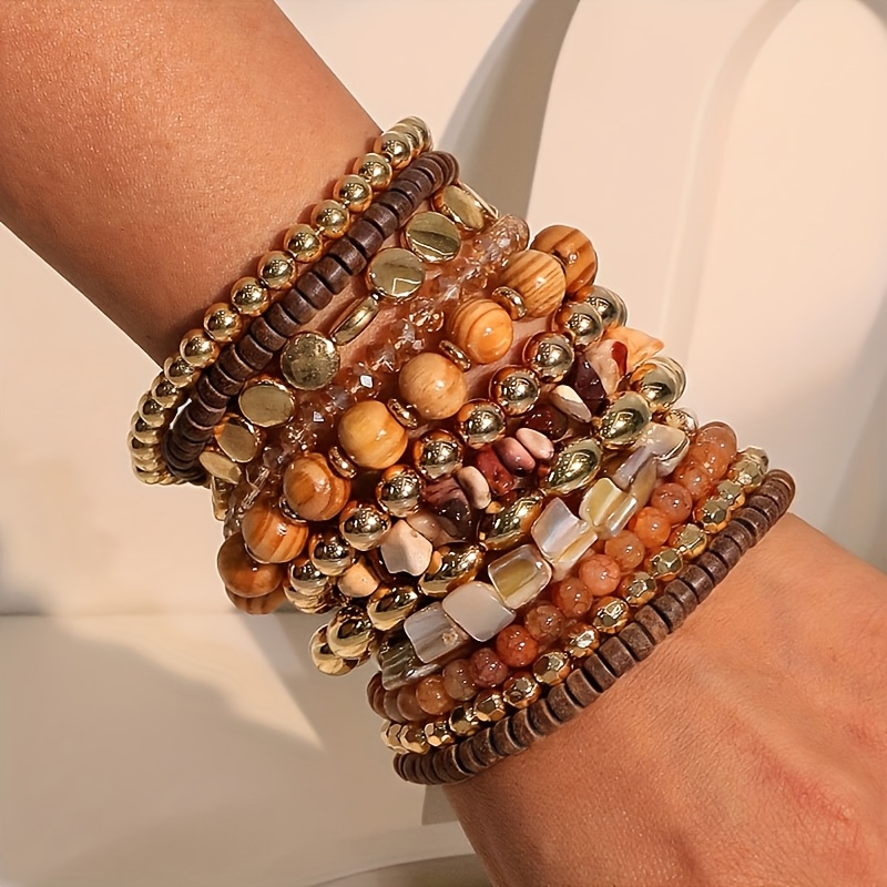 Image of 12pcs Bohemian Style Beach Bracelet Set, Fashionable Hand-woven Multi-piece Bracelet Set For Women, Made Of Plastic