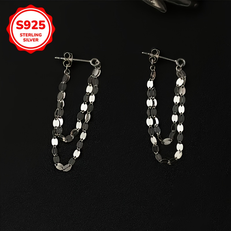 TEMU 925 Sterling Silver Hypoallergenic Ear Jewelry Chain Design Dangle Earrings, Elegant For Daily Casual