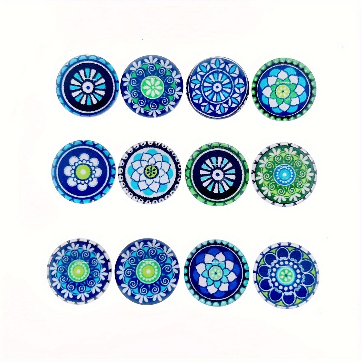 

50pcs (25 Pairs) 12mm Blue Round Glass Cabochon Beads, Assorted Vintage Floral Patterns, Mixed Colors, Jewelry Making Supplies, Craft Accessories