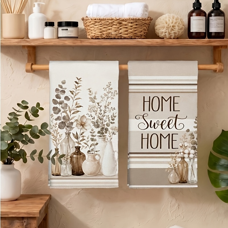 TEMU 2pcs Set Of Easy Style Daily Brown Plant Pattern Kitchen Towels, Soft Polyester Fiber Dishcloths, Suitable For Kitchen Decor, Kitchen Cleaning,