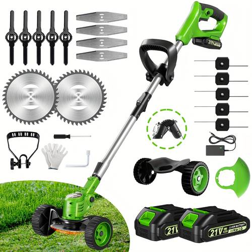 electric 21v cordless lightweight edger grass trimmer lawn edger mower brush cutter eater battery powered with 3 types and wheels for yard and garden weeder tool