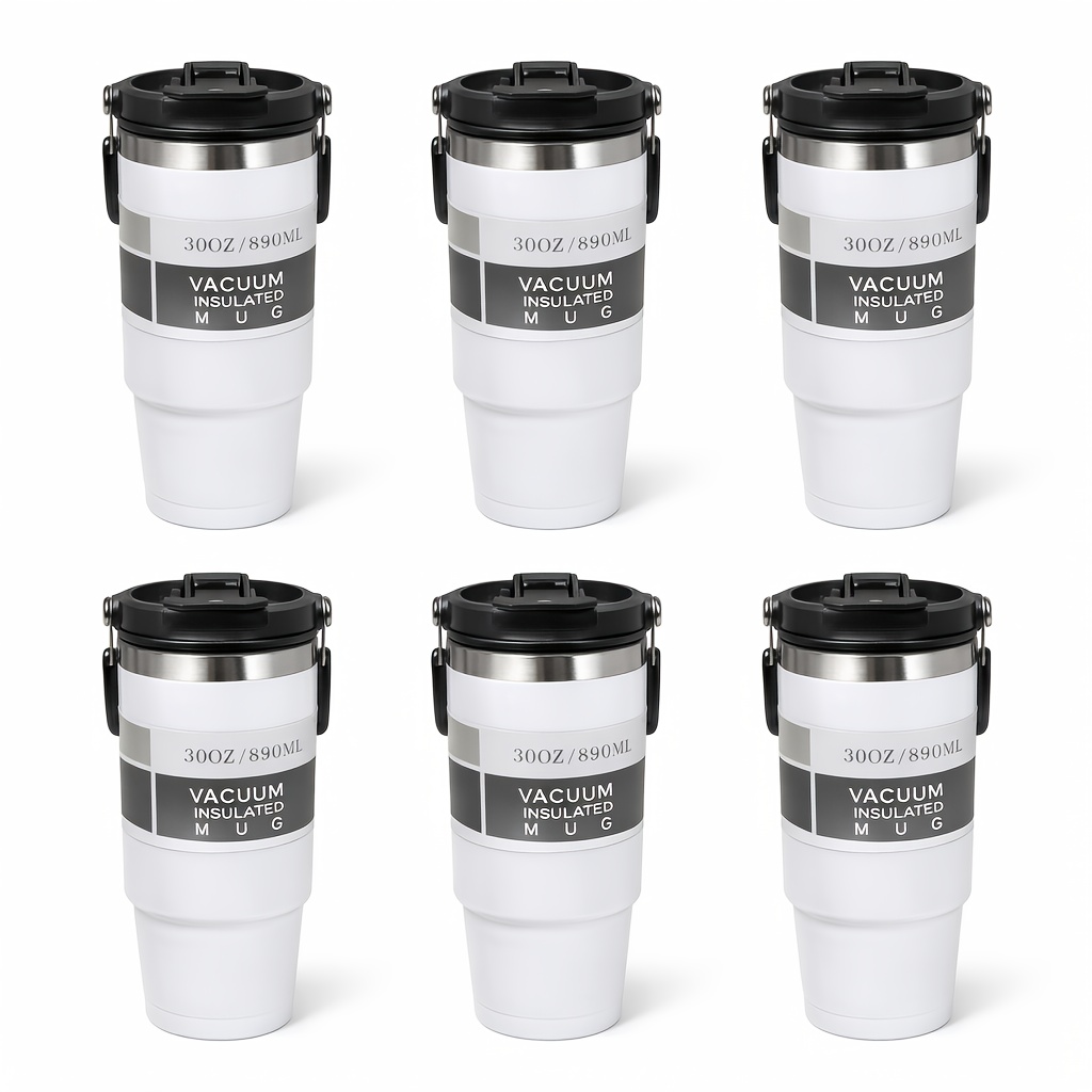 30oz 6-pack Stainless Steel Insulated Tumblers With Handle, Lid & Straw, Double Wall Vacuum Travel Cups, Colorful Gift Set For Family, & Holidays For Coffee, Cold Drinks & Daily Use