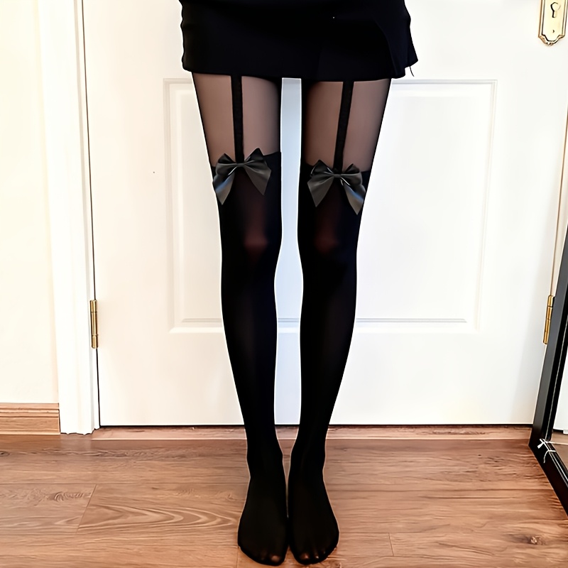 1pair Cute Bow Black False Thigh Socks Over Knee Socks Women' Black Socks Thin Spliced White Strap High Sleeve Socks