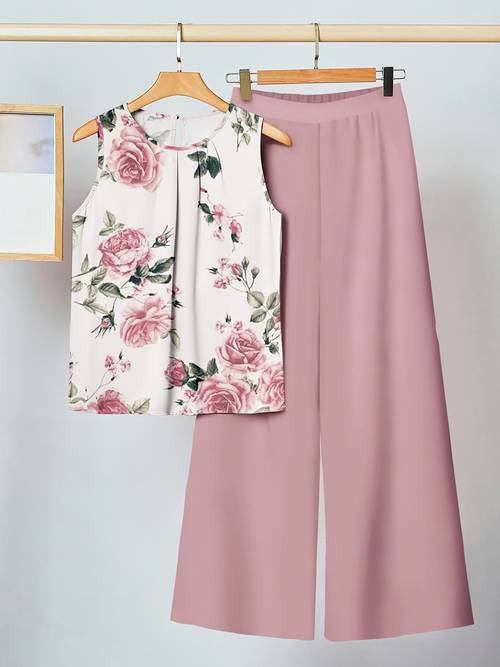 2pcs casual ruched sleeveless top and wide leg pants set floral print suitable for summer early autumn