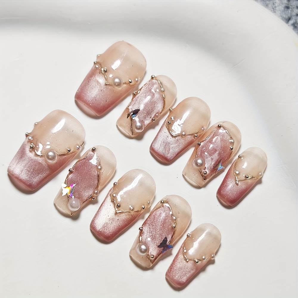 French Pearl Butterfly Press Nail Tips Matte Nude Base Shiny - Temu