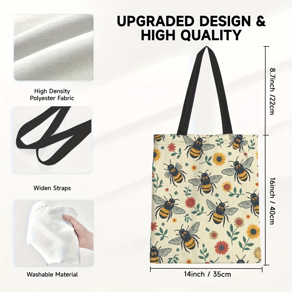 TEMU 1pc Chic Bee & Floral Print Canvas Tote Bag - Large Capacity, Fixed Shoulder Strap, Machine Washable - Ideal For Students, Commuting, Travel,