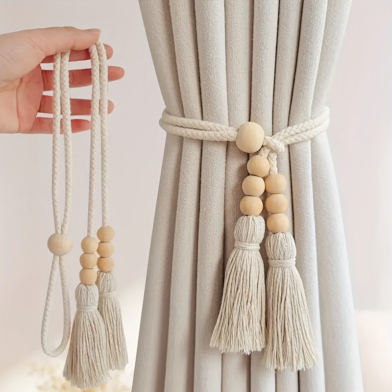 2pcs bohemian style wooden bead curtain tiebacks with tassels classic decorative holdbacks for living room bedroom kitchen details 2