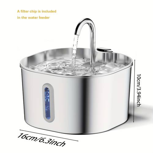 Fontana Automatica per Gatti 2.2L/74oz Rotonda/Cuadrata: Dispenser d'Acqua in Acciaio Inossidabile con Pompa Ultra Silenziosa e Filtro, Ciotola da Bere per Cani/Gatti Interno con Finestra (Senza Spina 5V 1A, Include Elemento Filtrante)