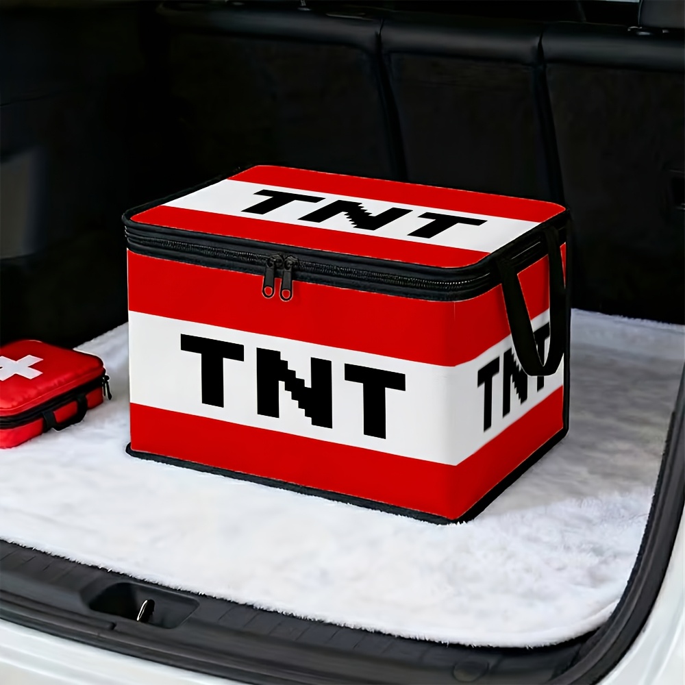 TEMU 1 Pixel Box With Lid, Tnt Block Font Design - Large Capacity Foldable Storage Bin With Lid, Soft Fabric, Heavy-duty Zipper Organizer, Suitable