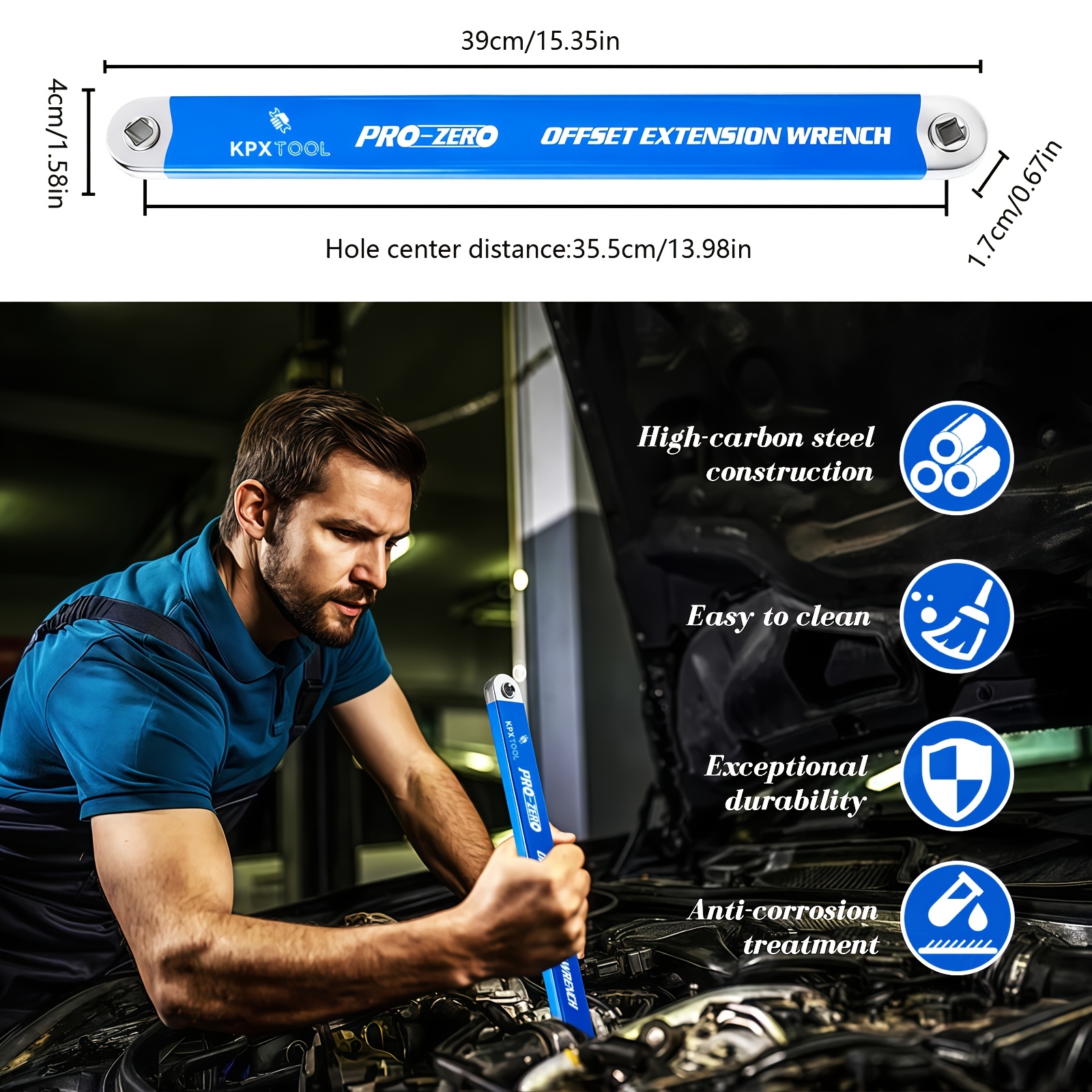 2合1多功能棘轮偏置延长扳手，配有1/2、1/4和3/8方头转接器，适用于狭窄空间，180度旋转、大扭矩、防滑手柄、耐用金属材质，适用于小型通用延长扳手，汽车维修手动工具 商品详情 9