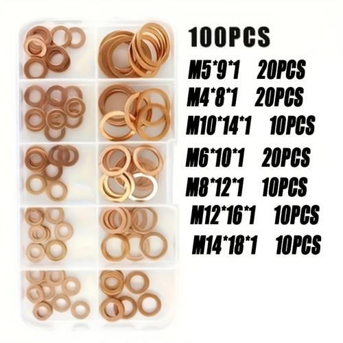 200 100pcs copper sealing washer tube seals with flat ring seals nuts and bolts complete set in sturdy box for applications