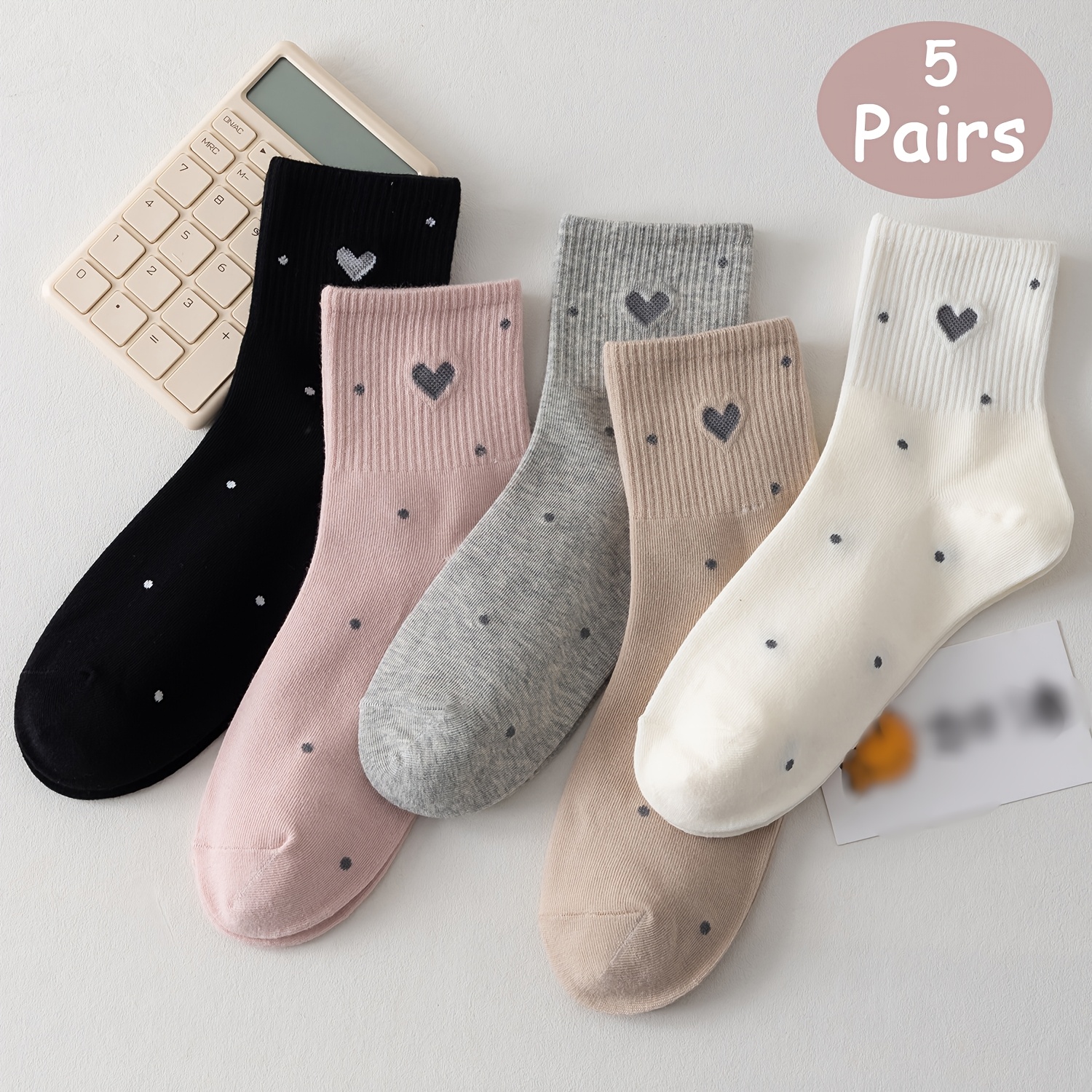 E-shop 5 Paar Damen Wadenhohe Socken für Frühling/Sommer, atmungsaktiv feuchtigkeitsableitend, Socken mit Herzmuster, einfarbige vielseitige gepunktete
