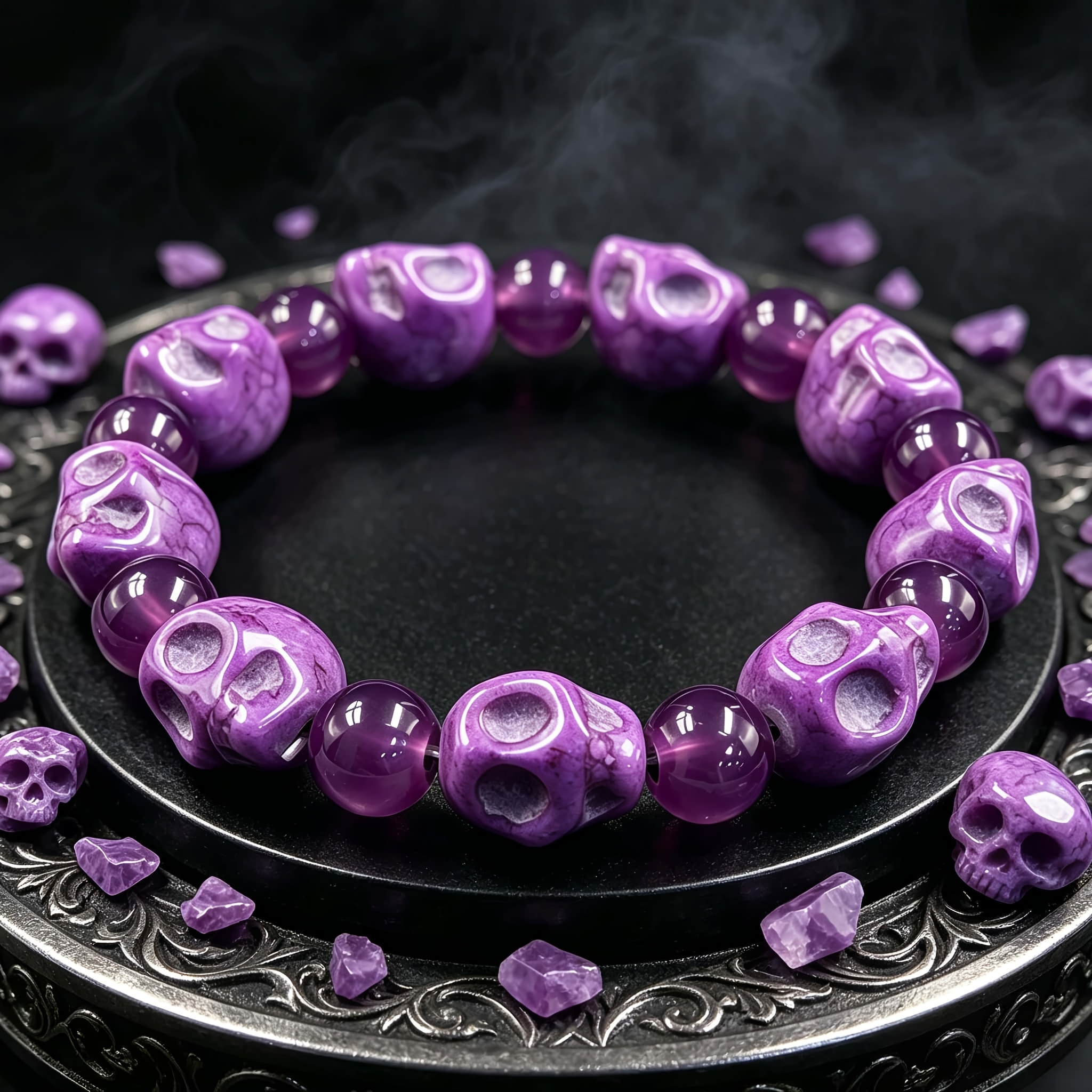 TEMU 1pc Carved Purple Skull Bracelet - With Amethyst Beads, Symbolizing Maintaining A Unique , Bohemian Fashion Style Halloween Gift, Gothic ,