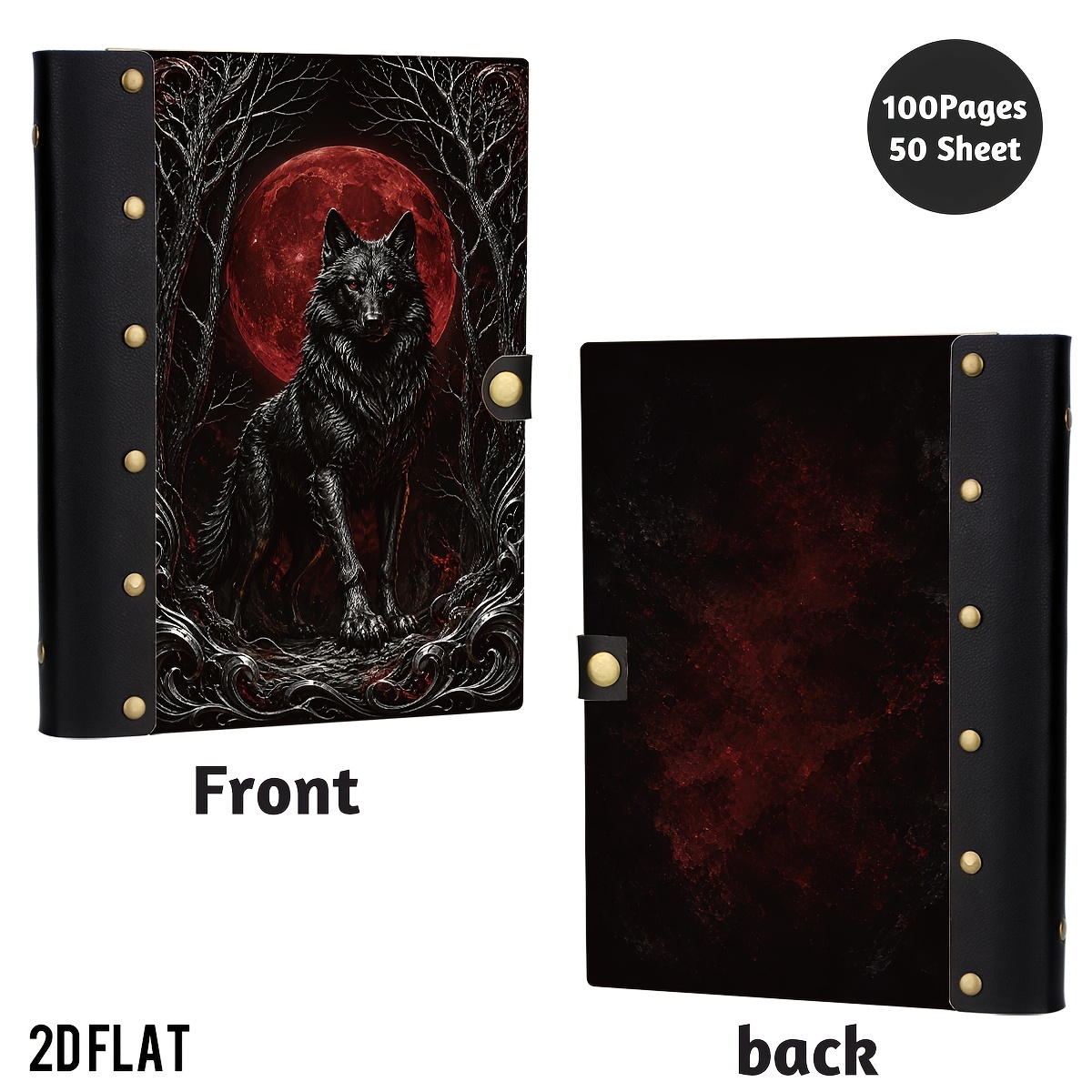 TEMU 1pc Red Moon Wolf Wooden Hardcover Notebook, Gothic Journal, Fantasy Lovers And Daily Writing. Features Leather Rivet And A Wooden Hardcover