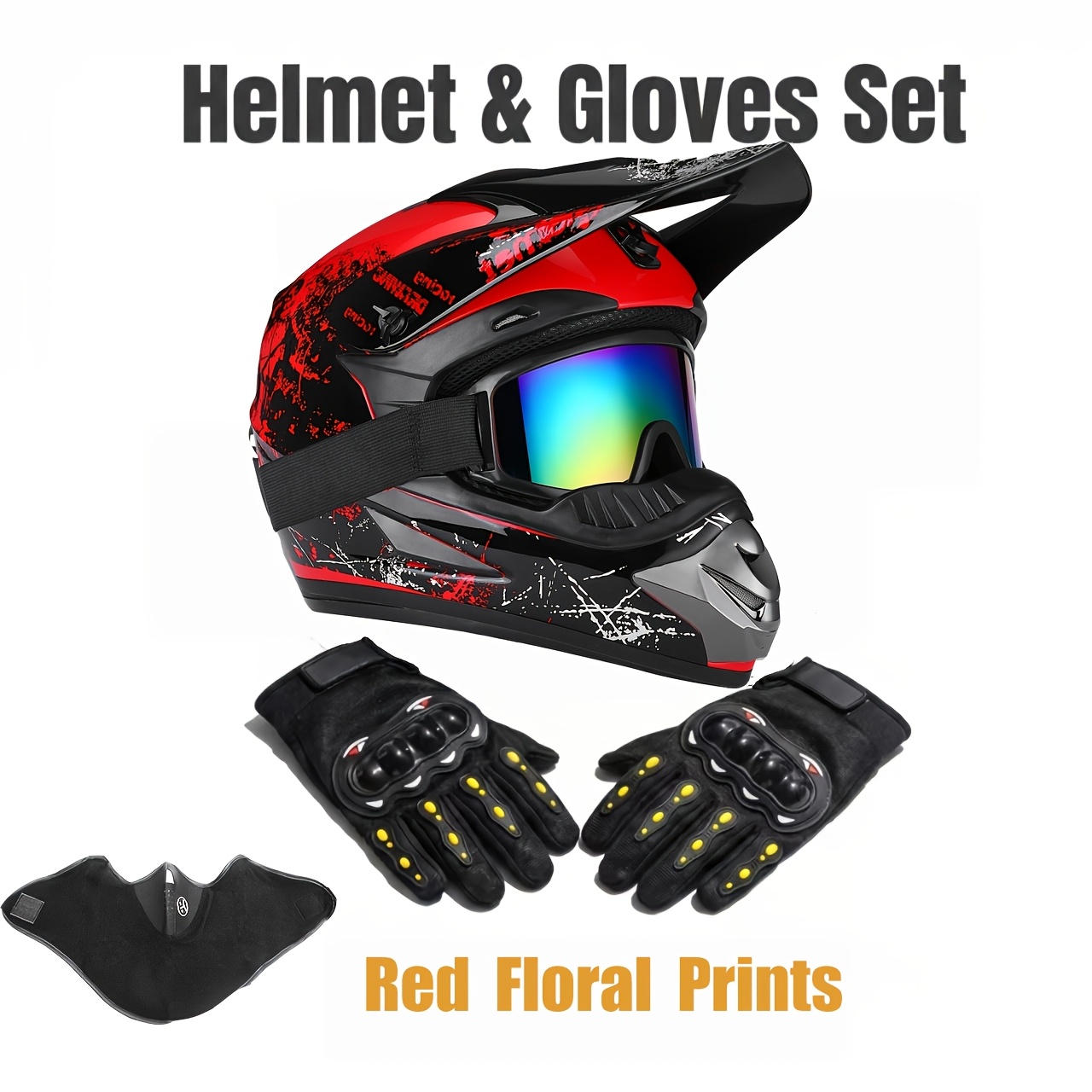 full   road motorcycle helmet adult   helmet set with goggles gloves face mask adjustable visor and quick release  