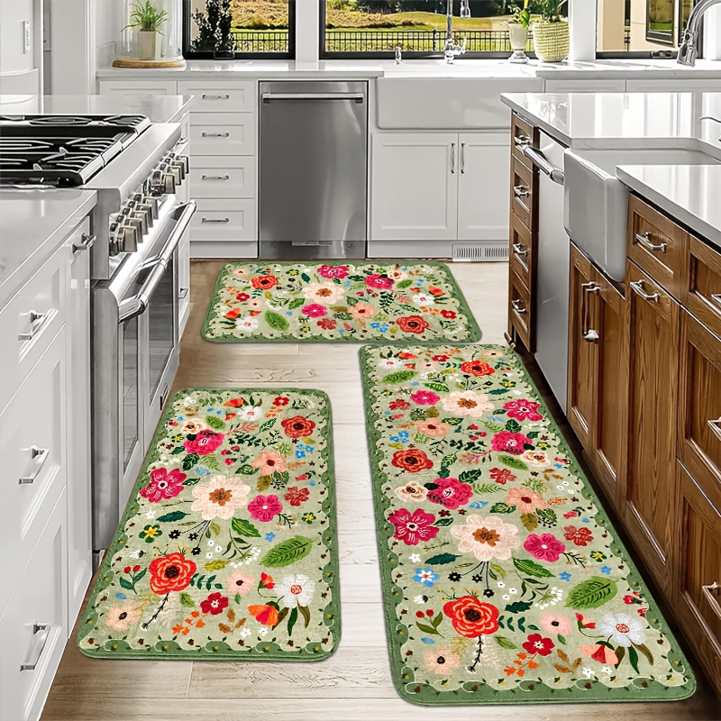 

2/3pcs Spring Floral Kitchen Rug Set - Vintage Absorbent, Non-slip Soft Cushion Mats, Stain & Water Resistant, Machine Washable, Polyester