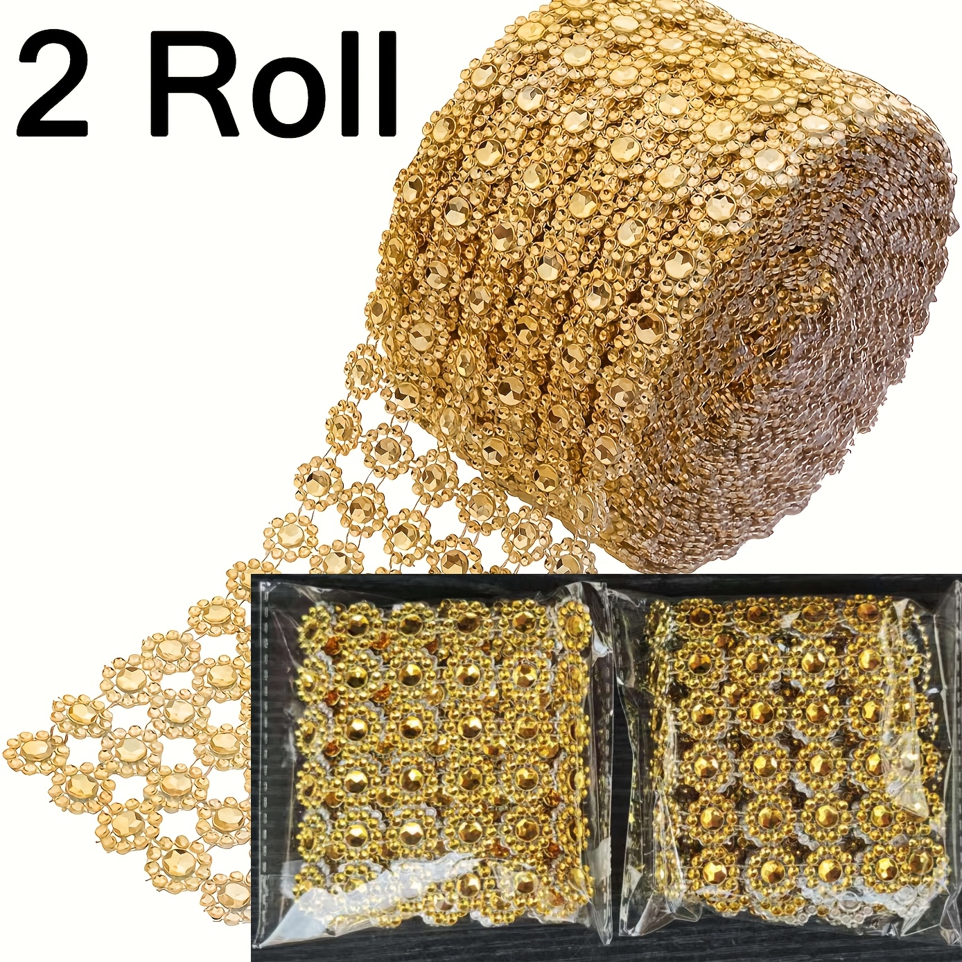 TEMU 2 Rollos de Cinta de Malla con de Cristal de Dorado /Plateado, Cinta Decorativa de Plástico para , Compromisos, Aniversarios, Fiestas y