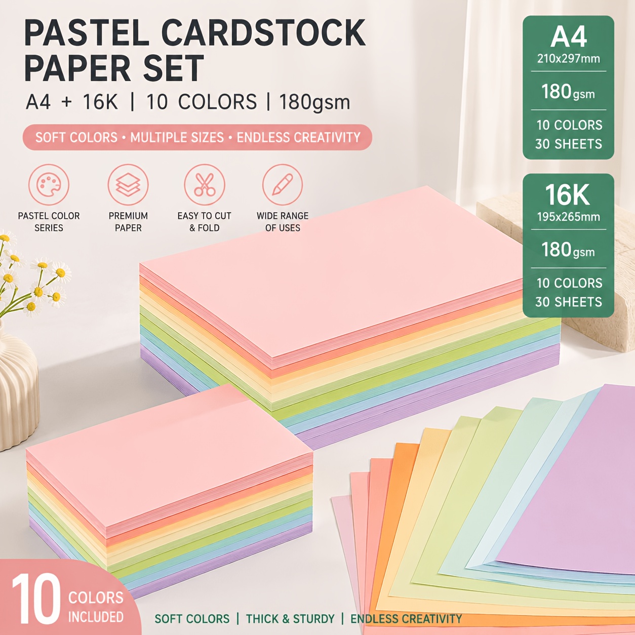 TEMU Soft-colored Cardstock Set, 180gsm Thick Craft Paper, A4 And 16k Dual Sizes, 10pcs Smooth Macaron Colors, Suitable For Handmade, Card Making,