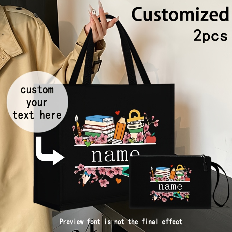 

Custom 2pcs Set: Chic Linen Tote & Matching Makeup Bag - Large Capacity, Fashionable Teacher Theme Print - For Students, , And Office Use