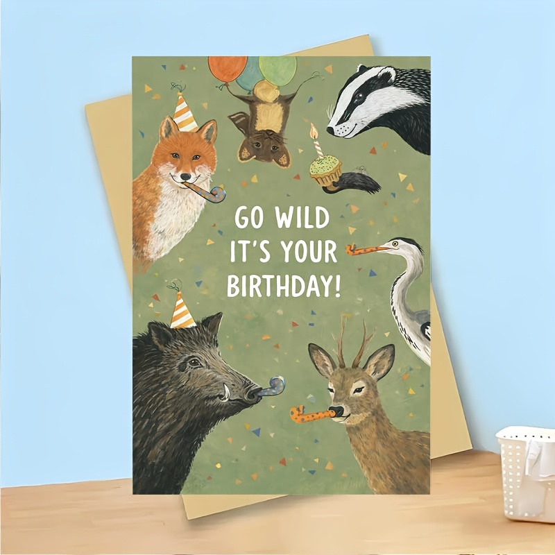 1pc Your Birthday Card, Woodland Animals Party Theme, Funny Greeting Card , Badger, Deer, Boar, Heron, Balloons, Confetti. For , Family, Coworkers. Birthday Celebration Gift Card, Blank Inside