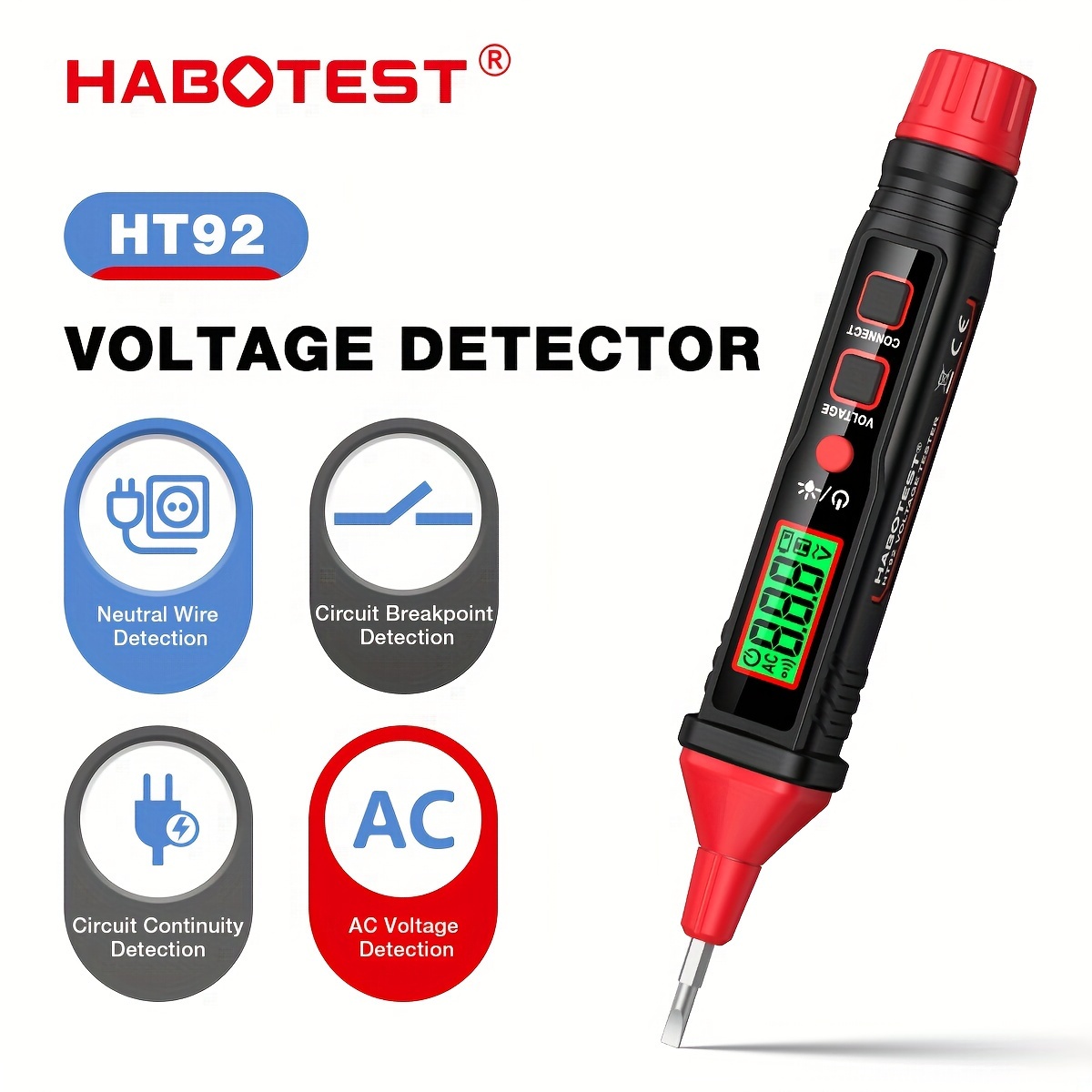 HT92 Voltage Tester, Contact Voltage Tester, Dual Range AC/DC 12V-300V, Electrical Tester With LCD Display, Buzzer Alarm, Wire Breakpoint Finder details 0