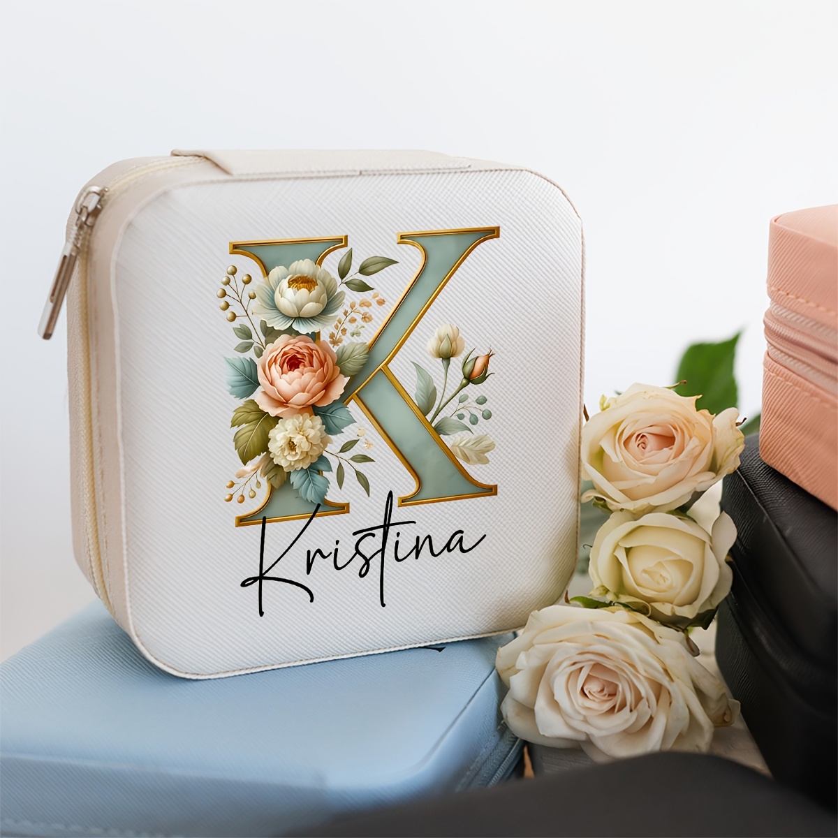 TEMU 1pc Personalized Name Letter Jewelry Box, Trendy Floral Letter Multicolor Pu Leather Travel Portable Earring Ring Storage Organizer, Wedding