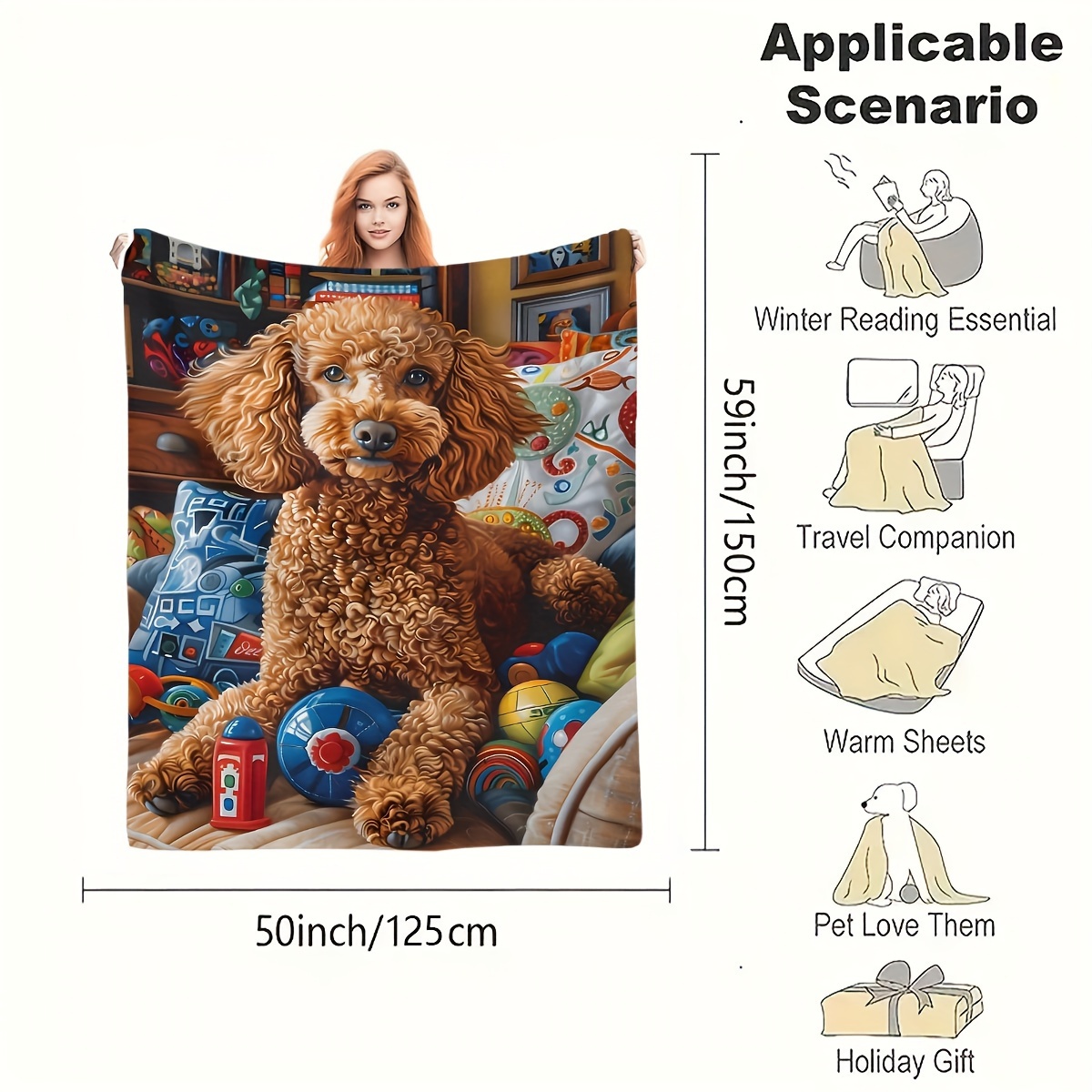 TEMU Cozy Brown Poodle Print Flannel Throw Blanket - Soft, Warm & Stain-resistant For All - Ideal For Couch, Bed, Travel, And Pet Lovers - Gift Cute