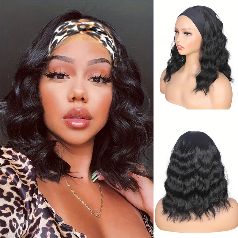 TEMU Black Wavy Headband Wig For Women Curly Half Wigs With Headband Attached Synthetic Wrap Wigs For Daily Use (black)