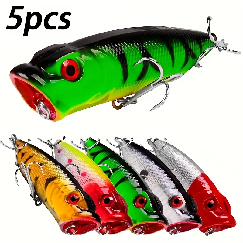 Image of 5-pack Floating Popper Lure With Inner Rattle Balls For Easy - Versatile Pvc Fishing Bait For Red Fish, , Catfish, Trout, Mackerel, Herring, Salmon, , And More