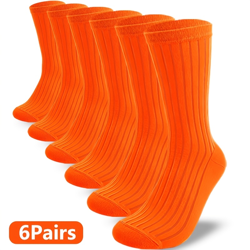 TEMU 6 Pairs Autumn Summer Fluorescent Orange Unisex Classic Striped Mid-calf Socks - Breathable, Elastic, Knit Fabric Suitable For Outdoor And ,