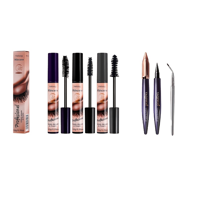 TEMU 6pcs Professional Eye Makeup Kit With 3pcs Brush Set, 3 Waterproof Mascara & 2 Black Eyeliner Pen For Volumizing, Curling, Sweat Proof