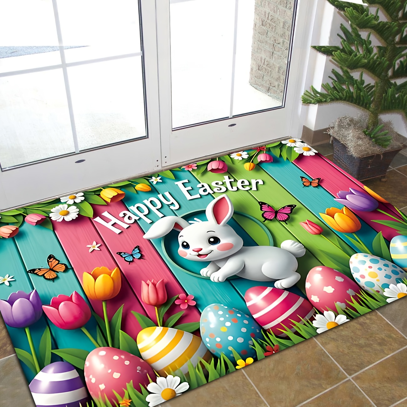 TEMU 1pc Easter Bunny & Spring Egg Hunt Rug - Non-slip Machine Washable Soft Adhesive Suitable For / Entryway, Room - Spring Flowers & Bunnies Print,