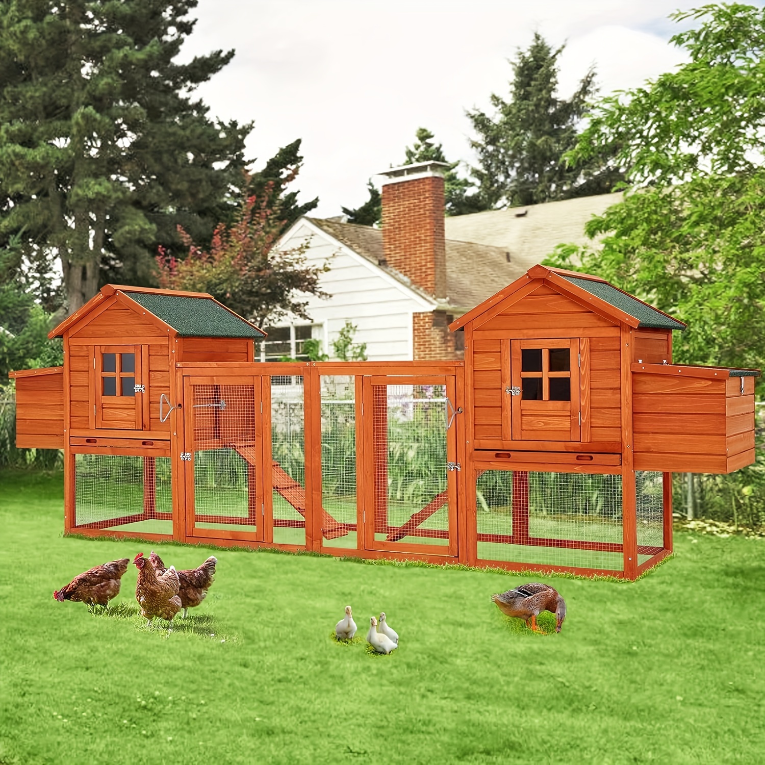 

123" Large Wooden Chicken Coop, Outdoor Hens House With Ramps And Nesting Boxes