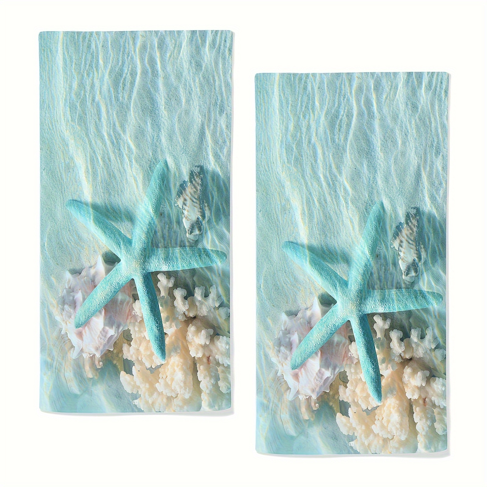 

2pcs Seashell Starfish Hand Towels Ocean Coastal Decorative Towel For Bathroom Kitchen Gym Soft Absorbent Washcloths Housewarming Gifts 13.7x28.7inch