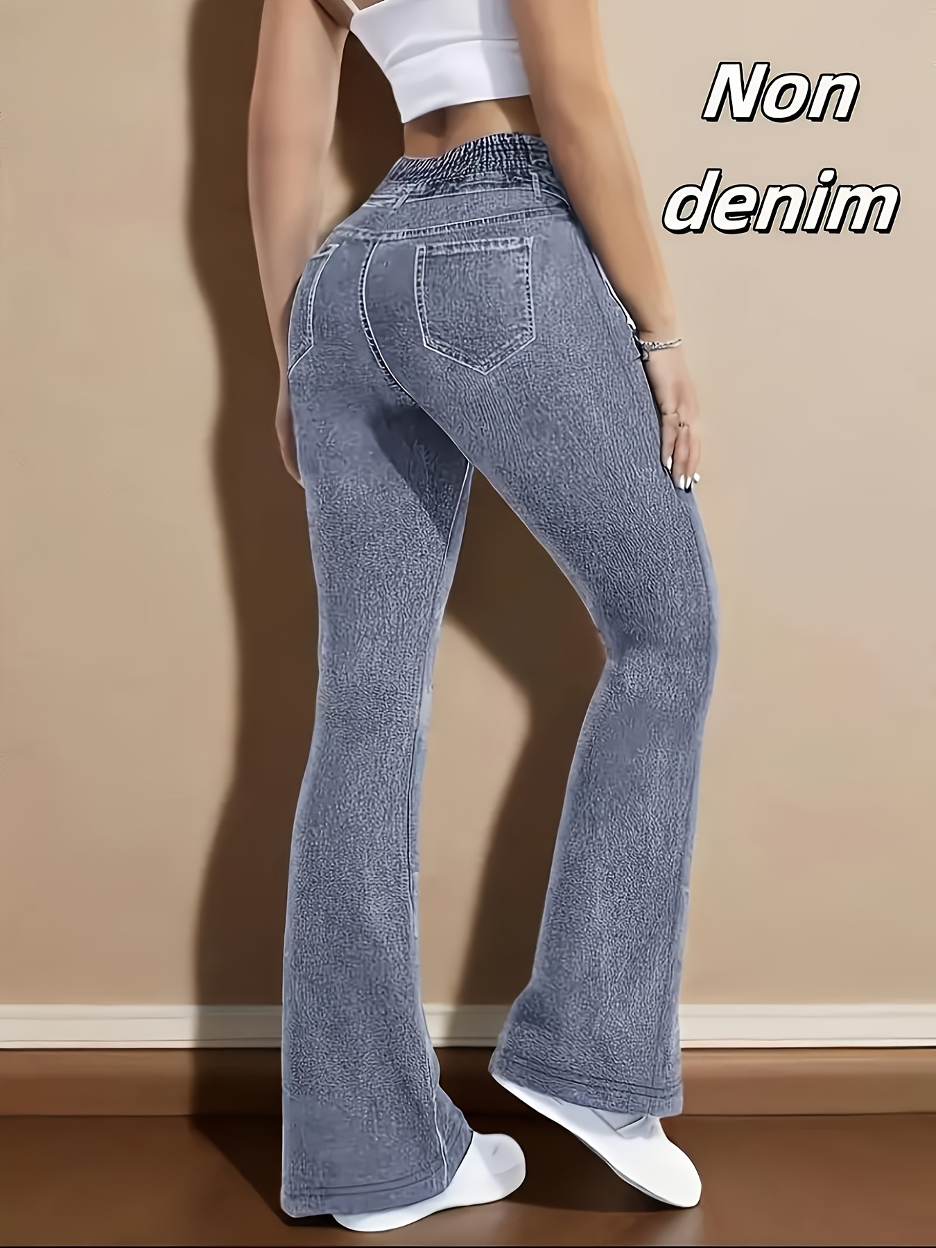 [Denim Print/Imitation Denim] Printed Legging - Not Denim Fabric New Imitation Denim Blue Women's Leggings - Elegant Stretch Flared Pants