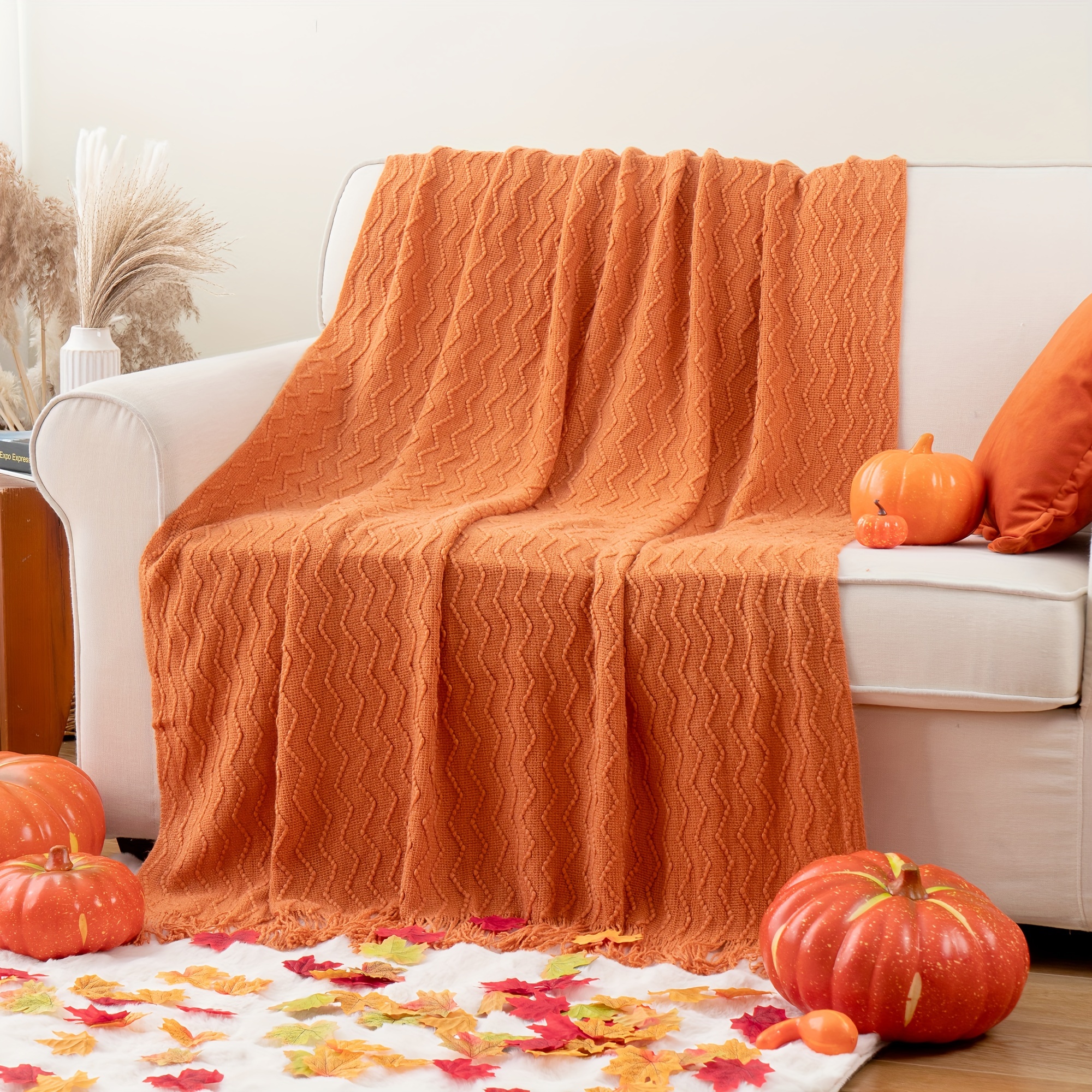 

Cozy Knit Throw Blanket In Burnt Orange - Geometric Pattern, Couch & Bed,