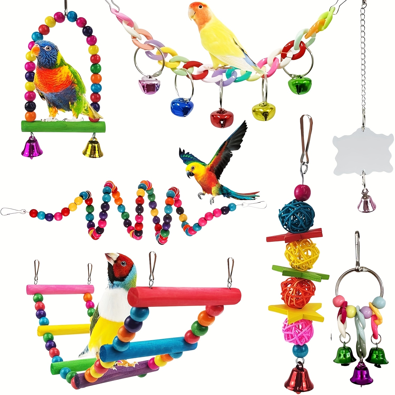 Image of 7pcs Of Bird Toys Including Parrot Toys, Hanging Chew Toys, Cage Additions, Swings, Ladders, Rattan Balls, And Bells Suitable For Parrots, Lovebirds, And
