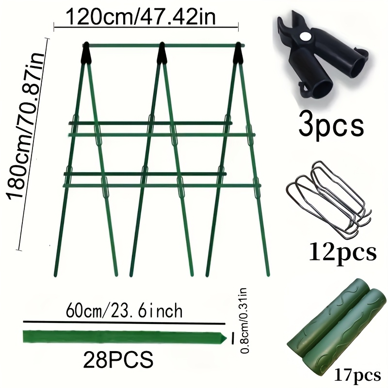 Image of 60pcs Green Garden Supports, (28 Poles + 17 Connecting Tubes + 12 Clips + 3 A-frames), Grape Cucumber Bean Climbing Frame, Rose Plant Flower Stand Support Rod, Adjustable Height
