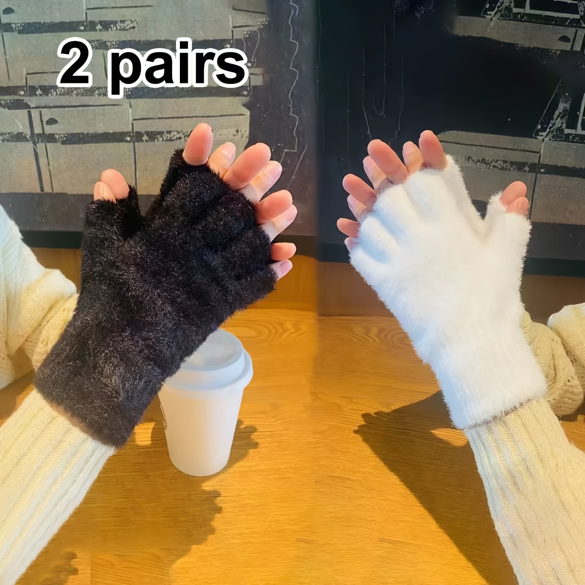 TEMU Half-finger Winter Plush Gloves, Half-finger Gloves Suitable For Winter Use, Easy Windproof Thickened Casual Thermal Gloves, Writing Gloves,