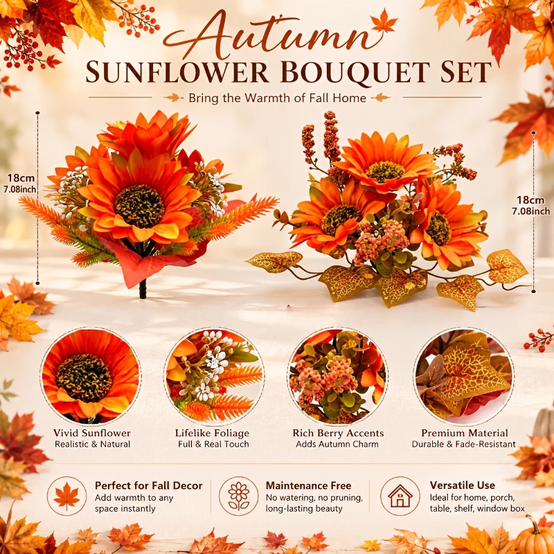 TEMU 2pcs Autumn Warm- Mixed Artificial Flower Bouquet, Sunflower, Marigold, Burgundy Rose, Peony, Red-orange Small Daisy, Light Champagne Small