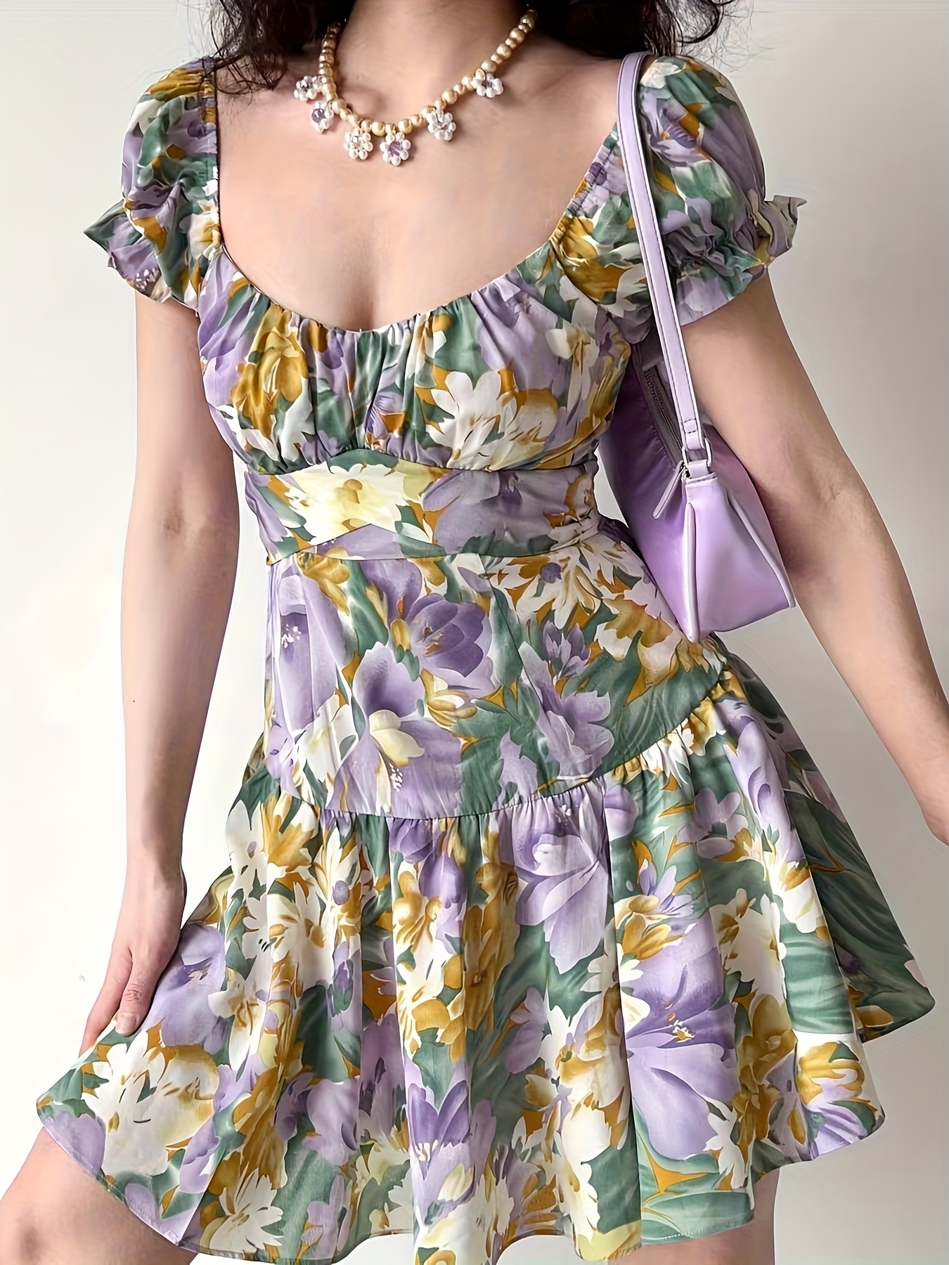 vintage french floral print bubble sleeve dress ruffle skirt