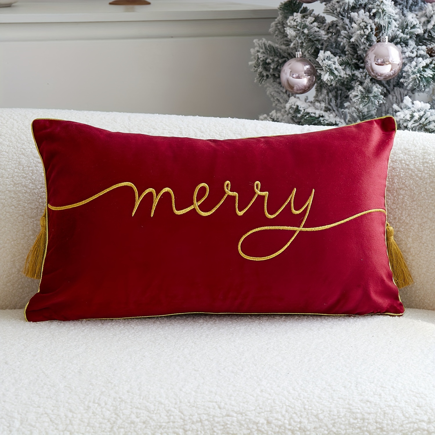 1p Christmas Letter Embroidered Tassel Pillow Cover, Suitable For Indoor Decoration, Christmas Decorative Pillow Cover, Insert Not Included
