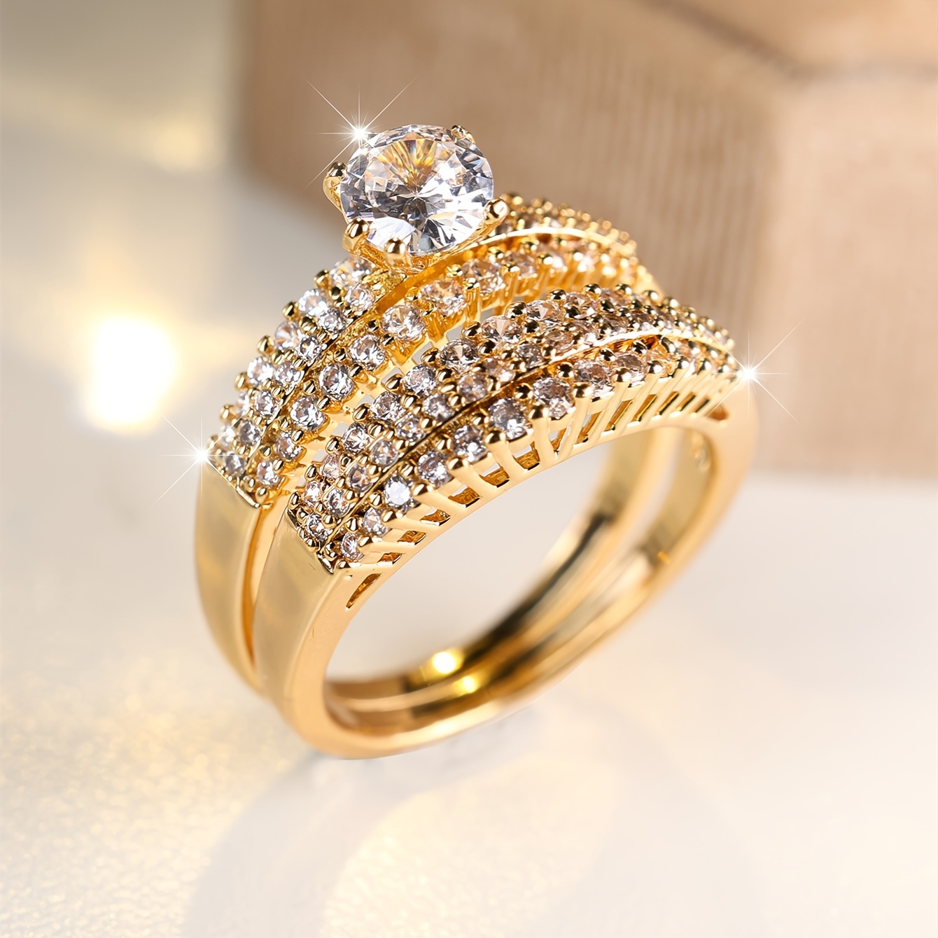 Stacking Rings with Paved Shining Synthetic Zircon