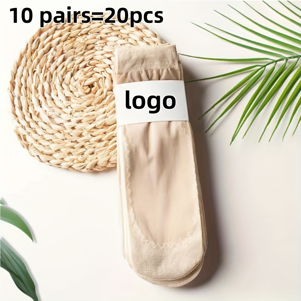 Image of 10-pair=20pcs Thin Women's Short Socks, Breathable Nude Short Stockings, Lace Mesh Women's Ankle Socks, Non-slip Heel, Multiple Colors