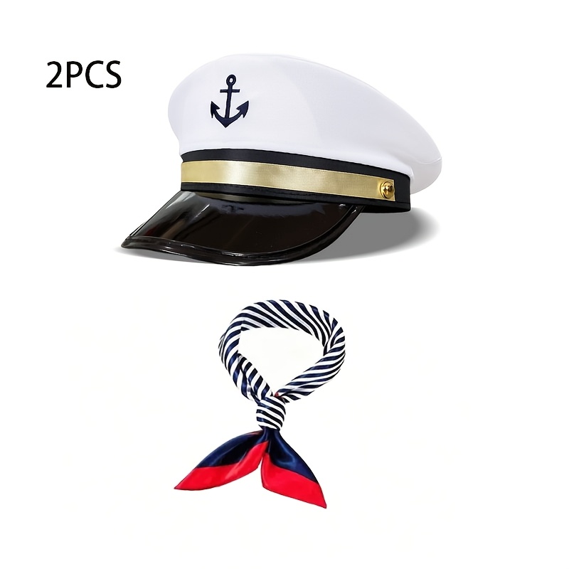 TEMU 1pc White Anchor Hat + 1pc Striped Small Square Scarf, Halloween Cosplay Sailor Uniform Matching Accessory 2pcs Set, Suitable For Parties And