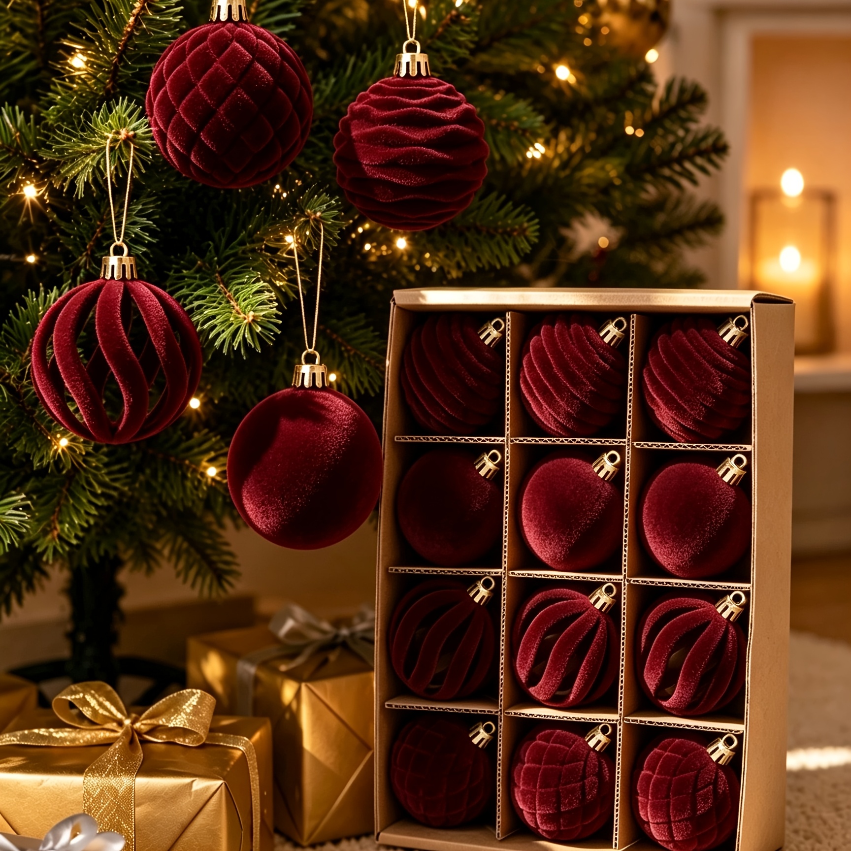 Image of 12pcs 6cm Burgundy Velvet Irregular Hollow Christmas Ball Set, Christmas Thanksgiving Hanging Decorative Balls, For Decor, Suitable For Christmas Trees, Wreaths, Door Frames, Indoor/outdoor Use