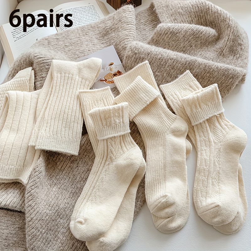 TEMU 6 чифта дамски бежови чорапи в японско-корейски стил до средата на прасеца - Елегантни многослойни чорапи за ежедневна употреба, бременност и
