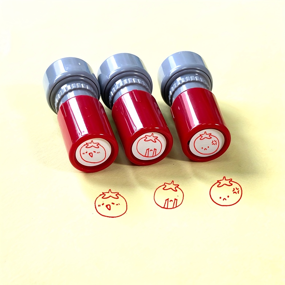 Image of 3pcs Fun Tomato Stamps, Angry, Sad & Cute , Round Teacher Stamps, Aesthetic Journal Decorative Stamps