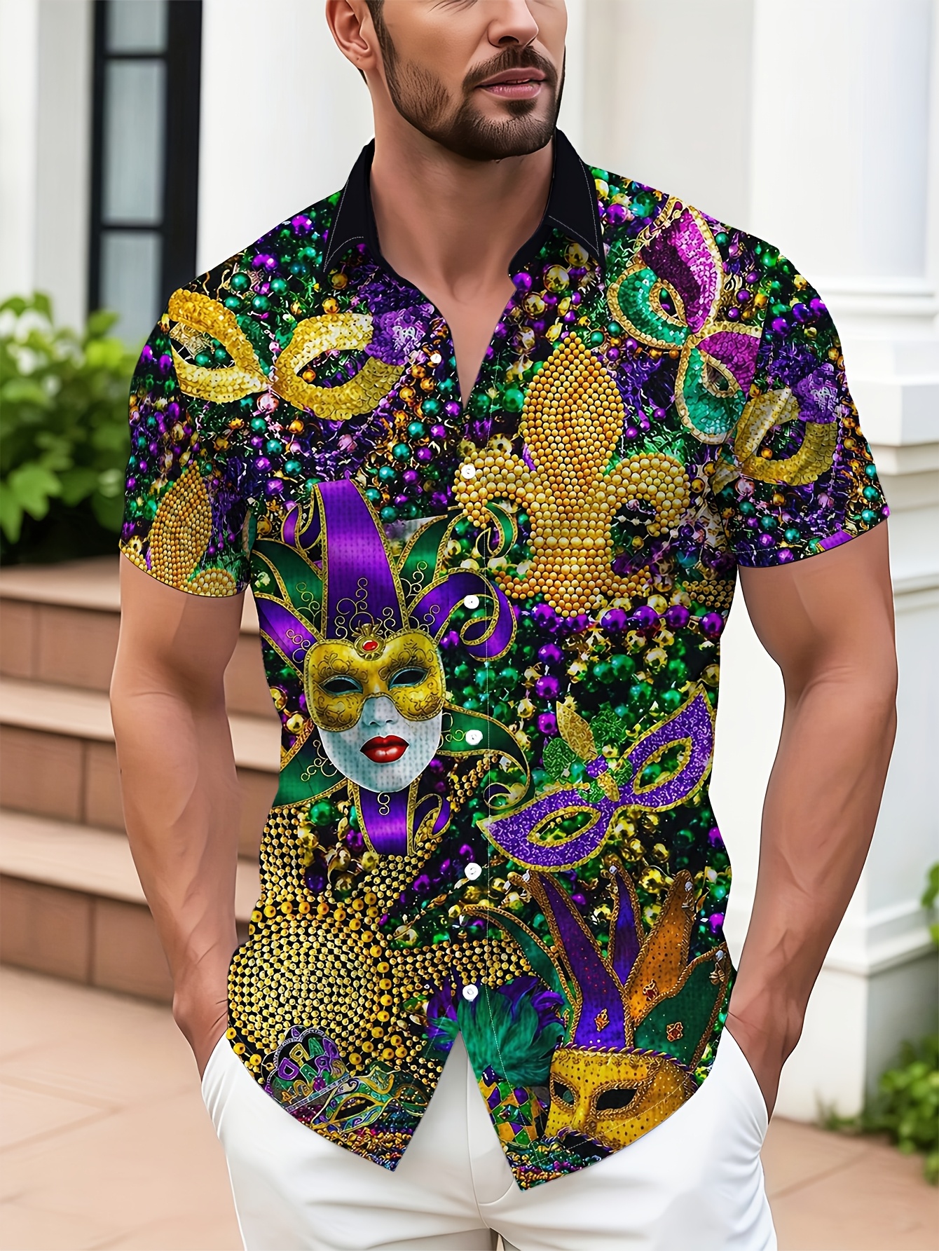 camisa   de hombre de manga corta con botones y estampado de carnaval y mardi gras